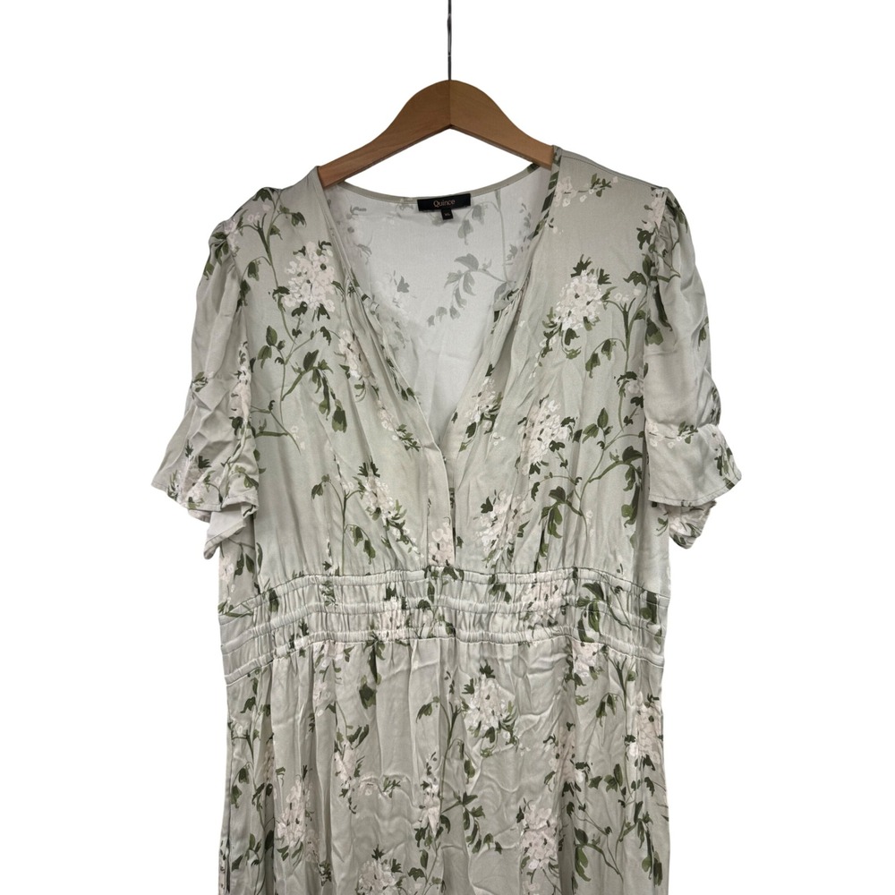 Quince Washable Silk Floral V-Neck Smocked Waist Tiered Midi Dress Green XL - Picture 5 of 7